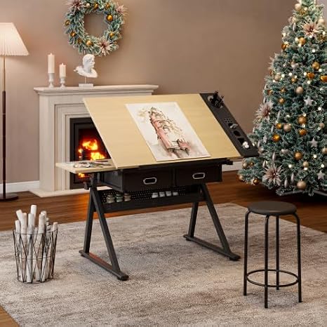 Height Adjustable Drafting Table, Drawing Table, Artist Desk Tilting Tabletop, Watercolor Paintings Sketching Work Station w/2 Storage Drawers and Stool for Home Office(Maple)