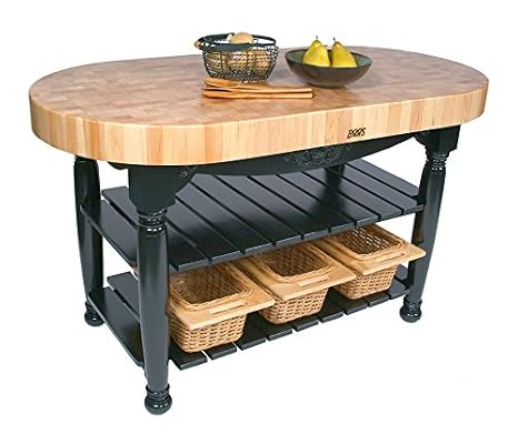 Boos Maple Harvest Table - 60" x 30" Oval - 4" Thick End-Grain Butcher Block Top, Slate Gray Base.