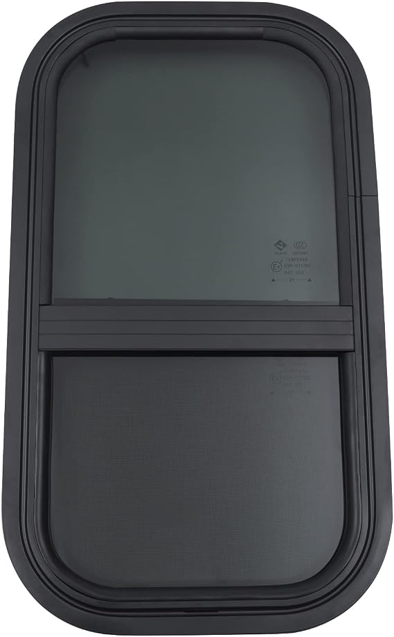 RV Tempered Glass Window, 12" W x 22" H With Screen, Vertical Slide Trailer With Trim Rings Replacement for Camper/RV and Windshield Curtains