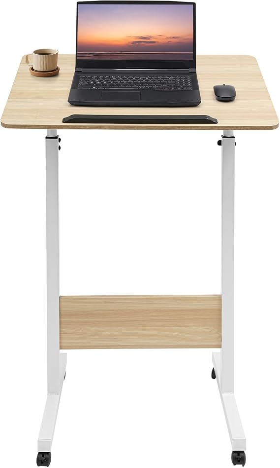 Portable Standing Desk with Wheels, Mini Rolling Work Computer Desk Height Adjustable for Home Office, Walking Podium Standing Presentation Lectern Lift Height 35.4-51.1" (Wood)