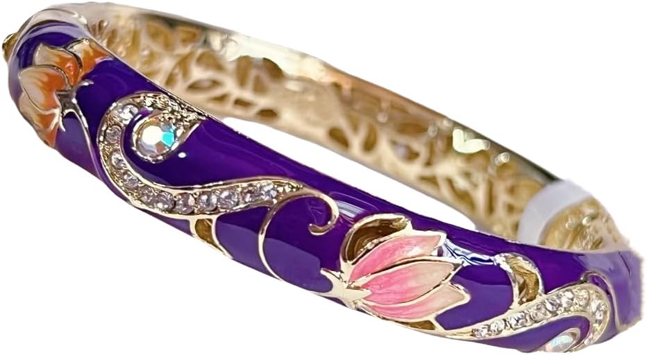 Cloisonne Bracelet,Enamel Bracelet, Vintage Enamel Rhinestone Bangle Spring Hinged Cuff Bracelets for Women Chinese Cloisonne Traditional Handcrafts Jewelry