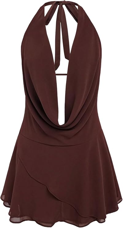 GORGLITTER Women's Halter Backless Dresses Deep V Neck Flowy Chiffon Bow Tie Layered Party Summer Mini Dress