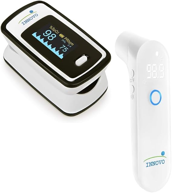 Innovo Medical Deluxe Fingertip Pulse Oximeter and Touchless Digital Forehead Thermometer Bundle