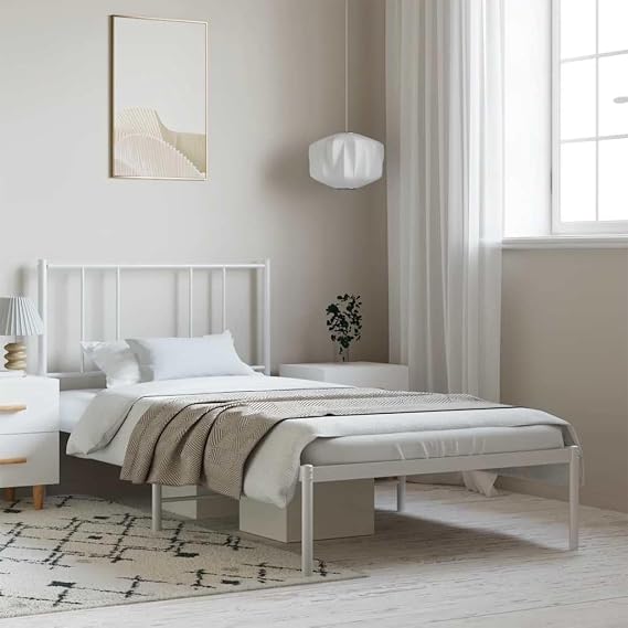 Double Bed Frame with Headboard, Heavy Duty King Size Metal Platform Bed Frame, Steel Black Bedroom Furniture for Master Guest Room（White,100 x 200 cm,with headboard）