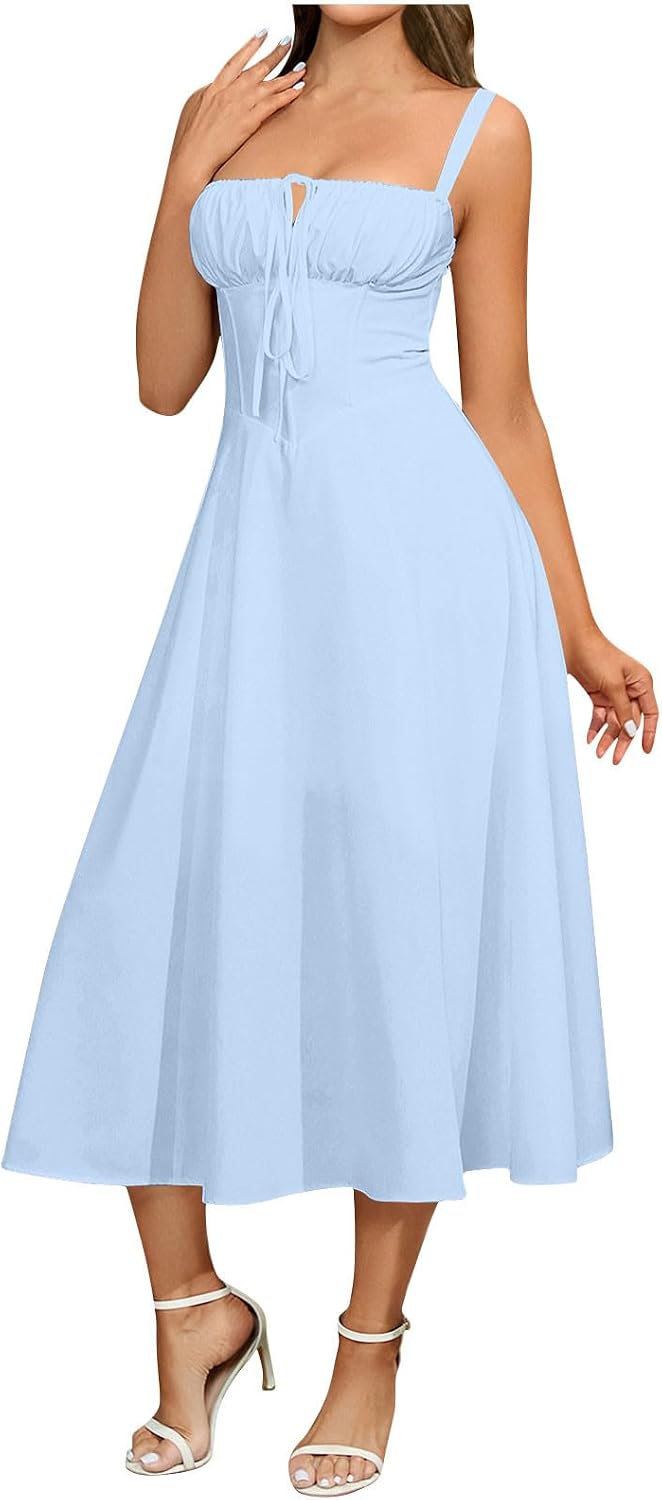Sundresses for Women 2025 Vacation Crossover Drawstring Boho Beach Long Dress Casual Halter Tank Dress Midi Length