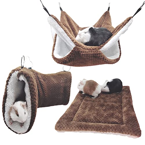 SEIS 3 Pcs Plush Hamster Hammock Set Sugar Glider Hanging Cage Accessories Set Small Animal Hammock Channel Mat for Guinea Pig Rat Gerbil Squirrel Birds Parrot Coffee