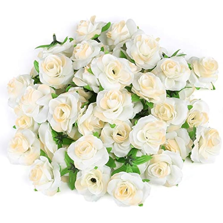 Kesote 50pcs Mini Cream White Roses Artificial Flowers Bulk, 1.6 Small Silk Fake Roses Flower Heads for Crafts, Decoration, Wedding Centerpieces Party Home Decor