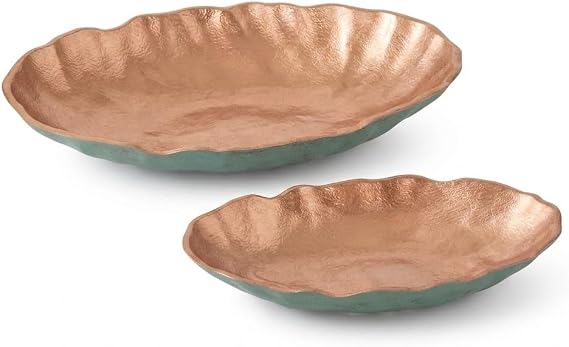 ANDALUCA Set of 2 Turquoise Copper Finish Metal Decorative Oval Bowls for Potpourri, Table Decor