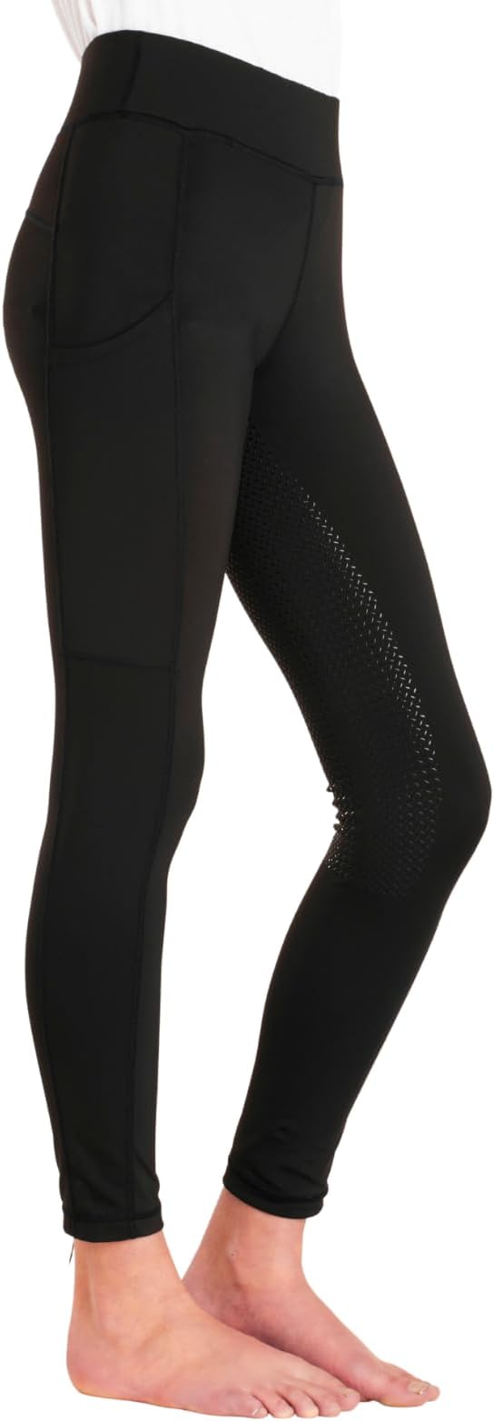 Kids Equestrian Riding Tights - Full Silicone Seat Grip - 4-Way Stretch Fabric - Dual Phone Pockets - Deep Elastic Waistband - Durable Polyester & Elastane Blend - Machine Washable