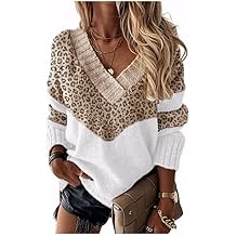 Bengbobar Womens Leopard Print Sweater V Neck Sweaters Knit Long Sleeve Jumper Sweater Color Block Ribbed Pullover for Women