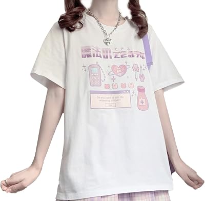 Starry Collector Harajuku Kawaii Goth Cute Aesthetic Soft Casual Style Crewneck Cute Cartoon Print Letters T-Shirt
