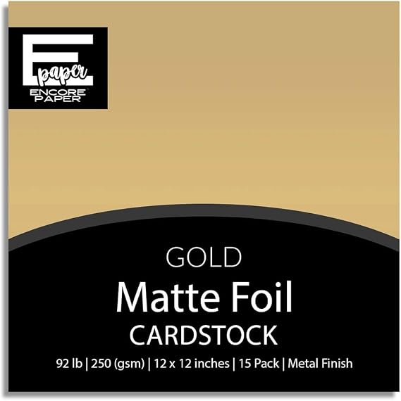 GOLD Matte Foil Cardstock - 12x12 Foil Cardstock - 15 Pack | Encore Paper | 92 lb Cover (250 gsm) | Metallic Shine | Acid & Lignin Free