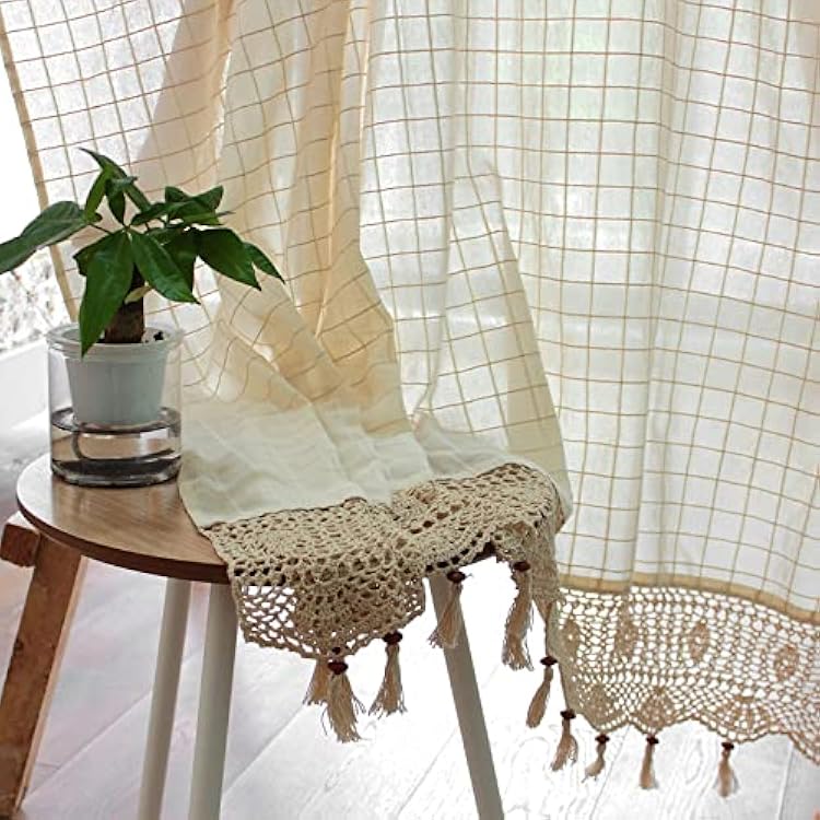 SFJ-CA Boho Crochet Curtain Beige Tassels Curtains for Bedroom Living Room Pastoral Cotton Linen Rod Pocket Window Curtains