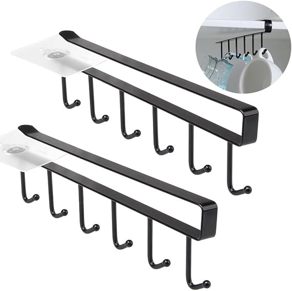 2 Pack Storage Mug Hooks Rack Under Cabinet Each with Fixed Sticker, 6 Hooks Cup Holder Hanger, Ties Belts Scarf Hanging Hook Rack, Mug Hook Hanger Under Shelf Without Drilling Kitchen Utensil Hanger