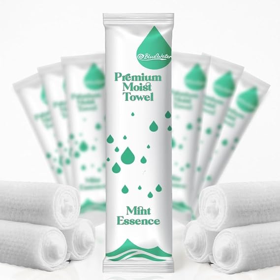 BlueWater (100-Pack) Individually Wrapped Moist Pre-Scented Towels - Single-use Premium Hot/Cold Towels (12x12in., Mint Essence)