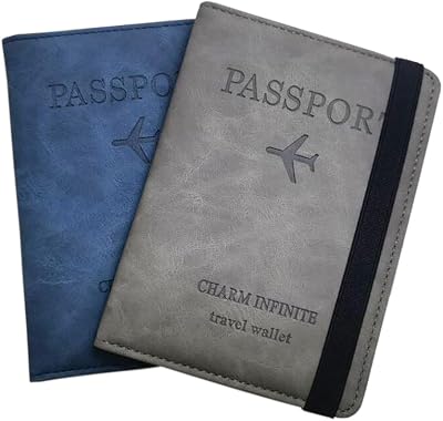 Gikfun 2 Pack Passport Holder for Travel Essentials, RFID Barrier Leather Passport Wallets with Credit Card Slot, Travel Must Haves Airport Essentials for Women and Men EK8482