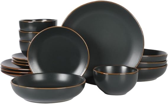 Gibson Home Hazeltine 16-Piece Black Stoneware Dinnerware Set Plates and Bowls, Durable Ceramic Kitchen Dinner Set