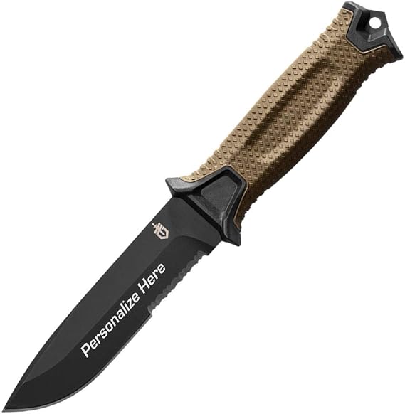 Custom Engraved Gerber Strongarm Coyote Brown Serrated Edge Fixed Blade Knife