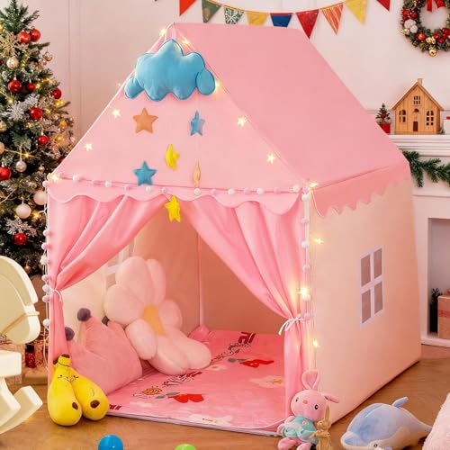 Pink Princess Castle Play Tent for Girls - Indoor Outdoor Kids Playhouse with Padded Mat & Star, Fairy Theme Toy Tent for Children Ages 4-10, 47x39x51 Inches
