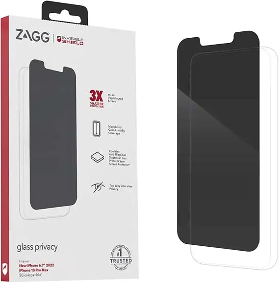 ZAGG InvisibleShield Glass Privacy Screen Protector for iPhone 13 PRO MAX 3X Impact and Scratch Protection, Strongest Tempered Glass, Smudge-Free, Smooth Silky Feel, Two-way Side View Privacy