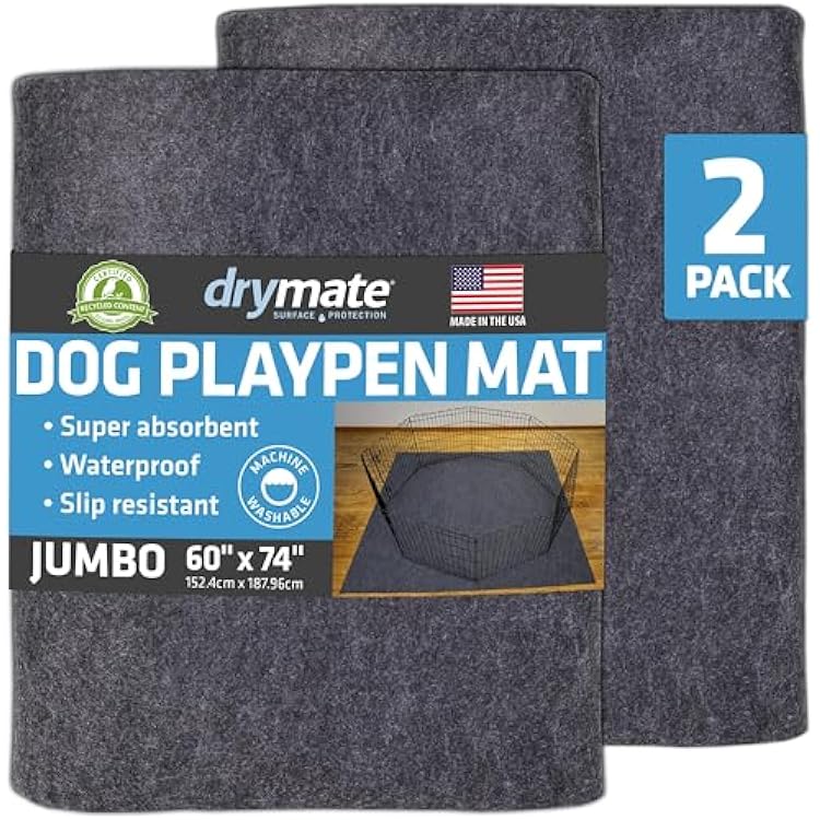 Drymate 2-Pack Jumbo Dog Playpen Mat 60x74, Absorbent, Waterproof, Slip-Resistant, Machine Washable, Reusable Puppy Pad for Training, Whelping, Housebreaking, Incontinence, Crate, Kennel USA Made