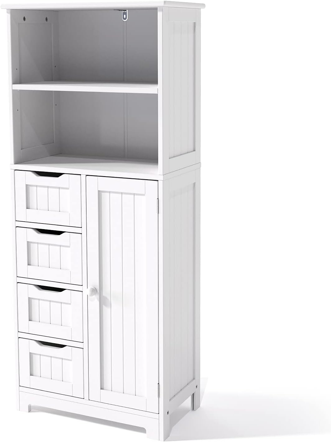 VINGLI 51" Tall Floor Bathroom Cabinet Towel Organizer and Storage Freestanding Pantry Cabinet Line Tower with 2 Shelves 4 Drawers and 1 Cupboard White Home Decor for Kitchen, Living Room, Bedroom