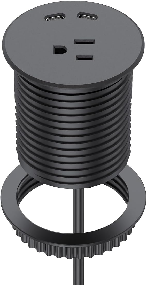 Desk Power Grommet, Haylink Recessed Power Strip with AC Outlet & 2X PD 20W USB C | 6.56FT Cable | 2.36"(60mm) Cut Hole| for Modern Desk, Kitchen Island & Workshop, Black