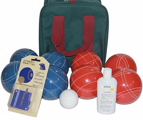 BuyBocceBalls Listing - Made in USA, Premium Quality Tournament Bocce Set - 110mm Rustic Blue/Orange Balls, Ball Polish, Kestrel Measuring Device and Green/Maroon Bag