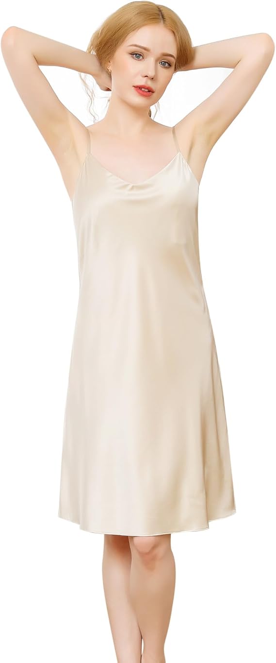 Womens 19 Momme Mulberry Silk Nightgown V-neck Chemise Knee-length Sleepwear Spaghetti-Strap Nightdress Slip Dress