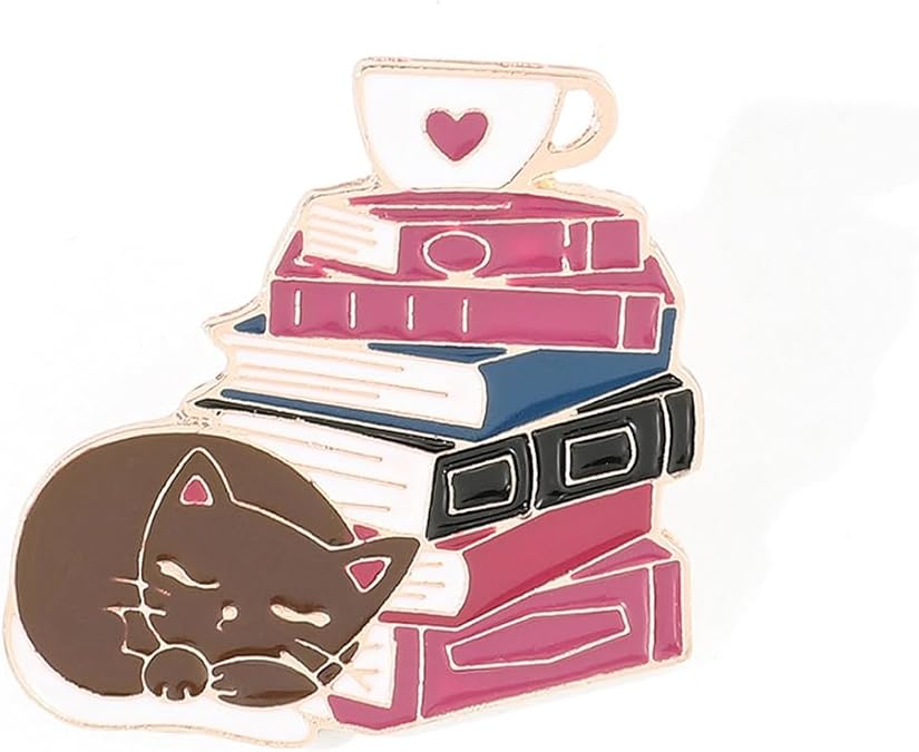 Cat Book Stack Teacup Hard Enamel Pin Cute Cartoon Animal Kitty Medal Brooch Fashion Lapel Backpack Pins Jewelry Gift, Metal