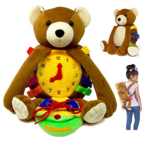 Buckle Toys Bear Backpack - Toddler Backpack & Stuffed Animal Learning Activity Develops Fine Motor & Basic Life Skills Soft Plush Kids Travel Toy - Billy Bear