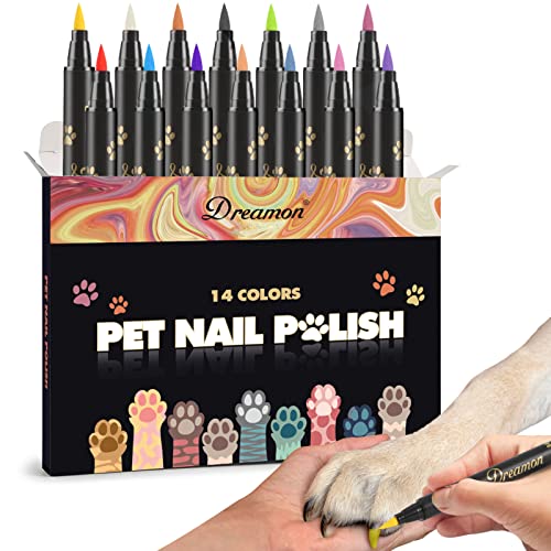Dreamon Dog Nail Polish Pen, 14 Colors Pet Nail Polish Set to DIY Beautiful Dog Nails Ideas, Creative Dog Accessories Nail Polish Pens Quick Dry & Easy to Use A