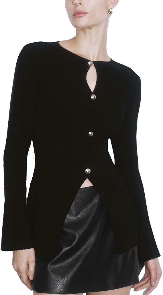 Womens Cardigan Sweater Long Sleeve Ribbed Tops Tight Fitted Button Down Shirts Y2K