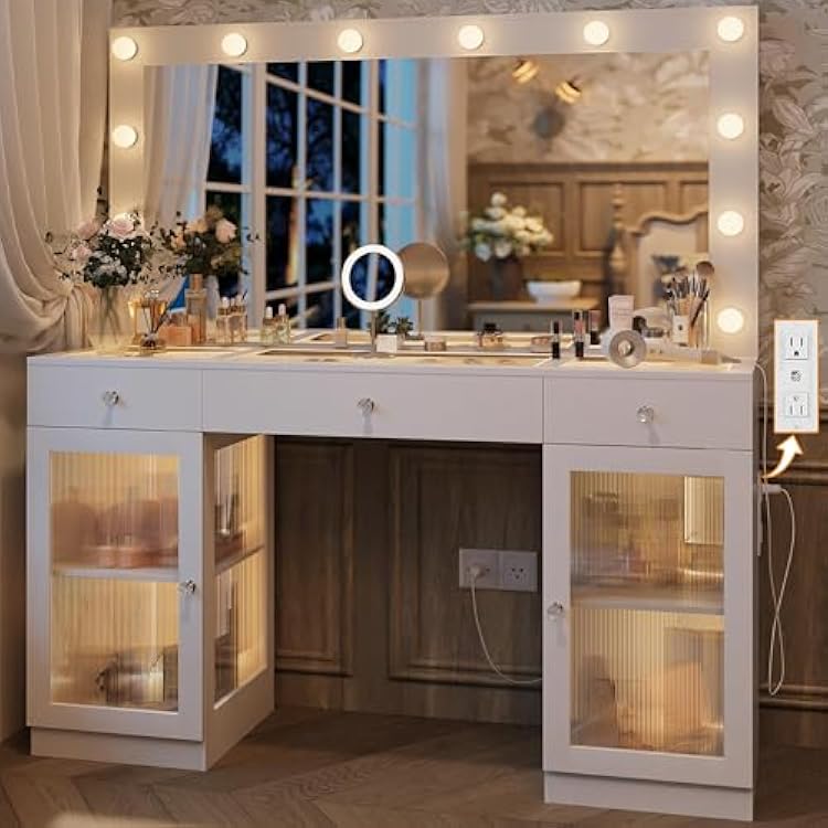 IFSEB Vanity Desk with Large Mirror and Lights, Glass Top Makeup Vanity with Lights & Power Outlet for Bedroom, 3 Color Lighting Modes, White Dressing Table for Women