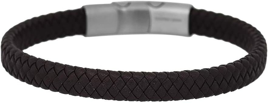 Geoffrey Beene Men's Braided Genuine Leather Bracelet with Stainless Steel Closure