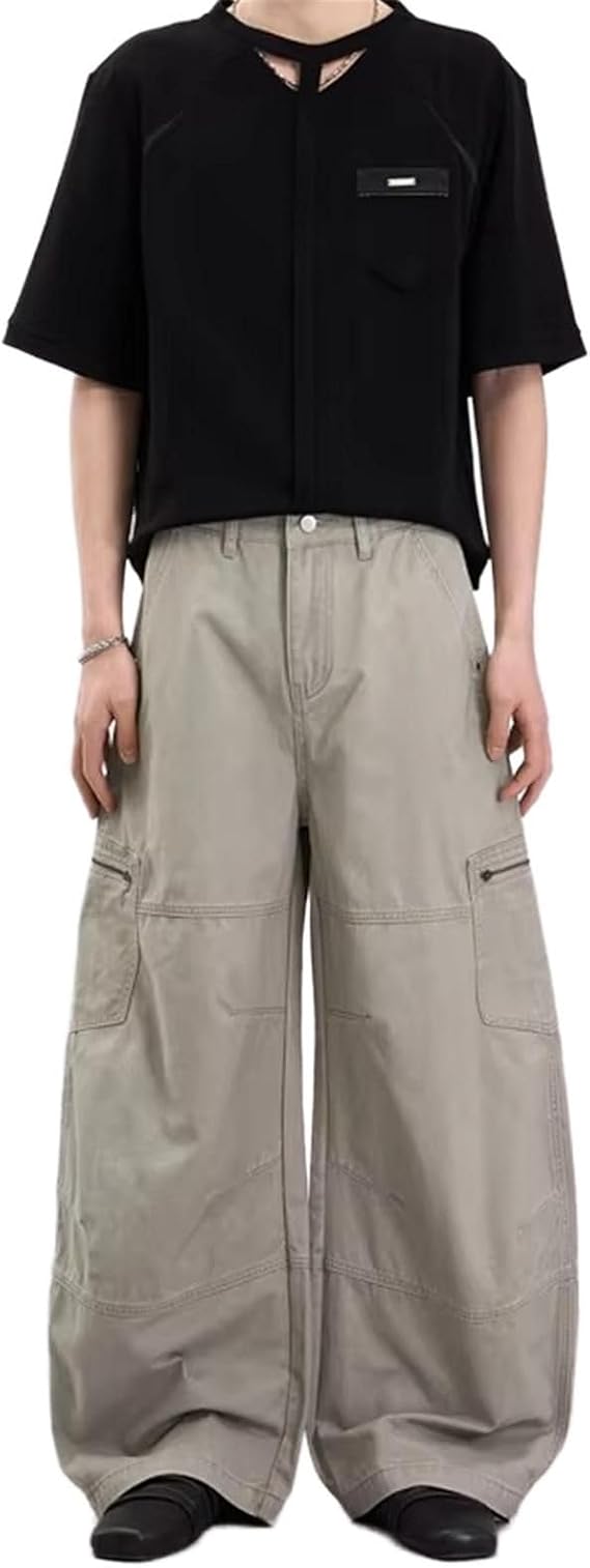Men's Multi-Pocket Cotton Cargo, Unisex Loose Wide Leg Long Baggy Gray X-Small