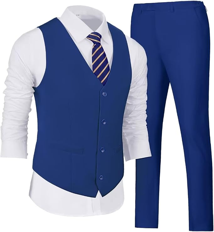 Wehilion Men's Suits 2 Pieces, Vest Pants Set for Men, V-Neck Slim Fit Casual Suit Waistcoat