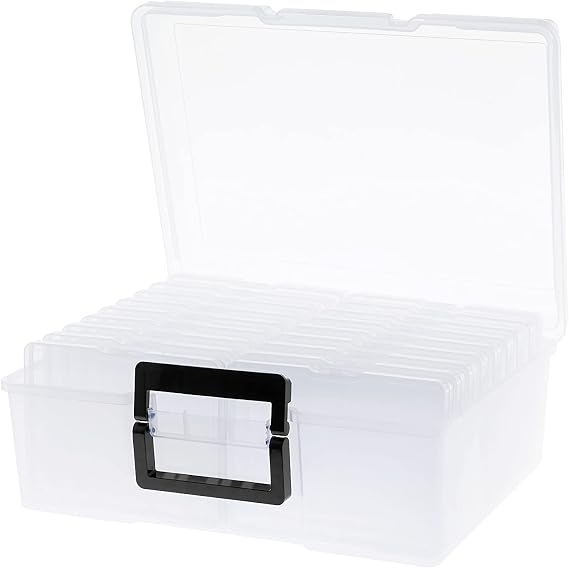 Photo Storage Box 5" x 7", 18 Inner Extra Large Photo Organizer Container, Plastic Craft Storage Box with Handle for Cards, Sticker, Seed, Scrapbooking, Craft, Classroom Supplies