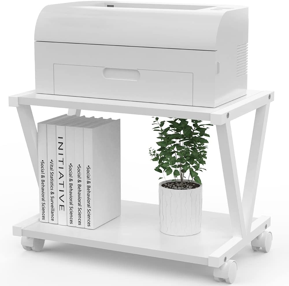 VEDECASA 2 Tier Printer Stand with Wheels Modern Desktop Storage and Organize Under Desk Printer Table for Home Office (Brown)