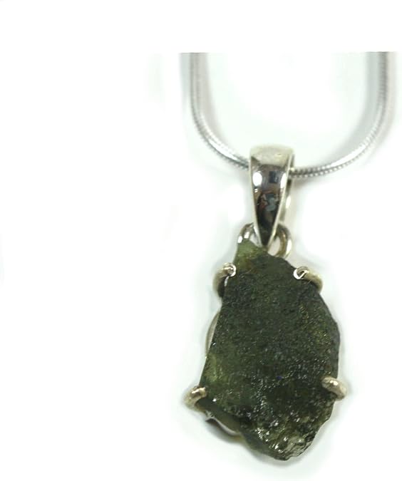 Genuine Moldavite Necklace 17 Inch Sterling Silver Snake Chain Authentic Moldovite Crystal Pendant Meteorite Necklaces for Men/Women - Transformation - Good Luck - Open Heart Chakra