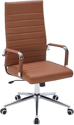 Leather Ribbed Office Desk Chair, Ergonomic High-Back Executive Conference Room Chairs with Wheels, Adjustable Swivel Computer Task Chair with Arms and Thick Padded Seat Brown