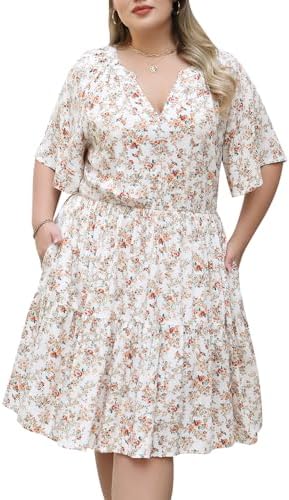 Nemidor Womens Plus Size Summer Dress Floral Print Boho Swing Short Sleeve V Neck Casual Mini Dresses with Pocket