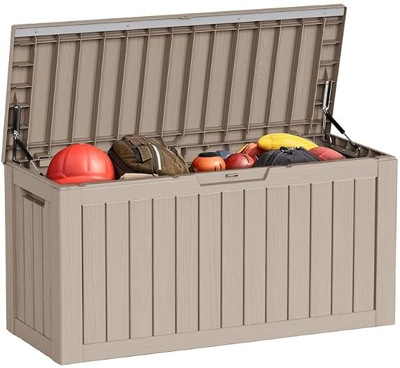 80 Gallon Outdoor Deck Box, Lockable Waterproof Outdoor Storage Boxes For Garden Tools,Indoor Cushions, Accessories Outside Storage Resin Weatherproof Container(Grey)