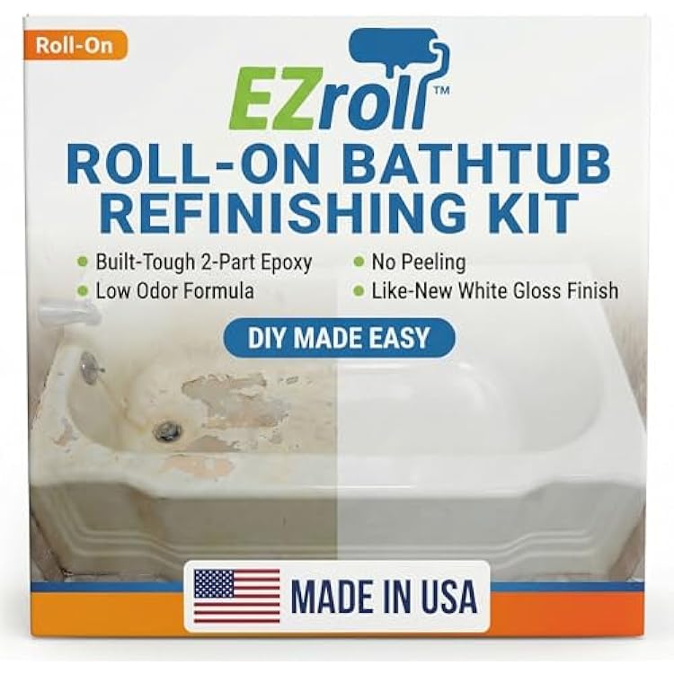 Bathtub Refinishing Kit, Tub and Tile Paint, White Low Odor Bath Paint, Long-Lasting Durable Tub Paint Kit for All Bathtubs, Tiles, Sinks and Showers, Easy Roll-On DIY Tub Coating, Made in USA
