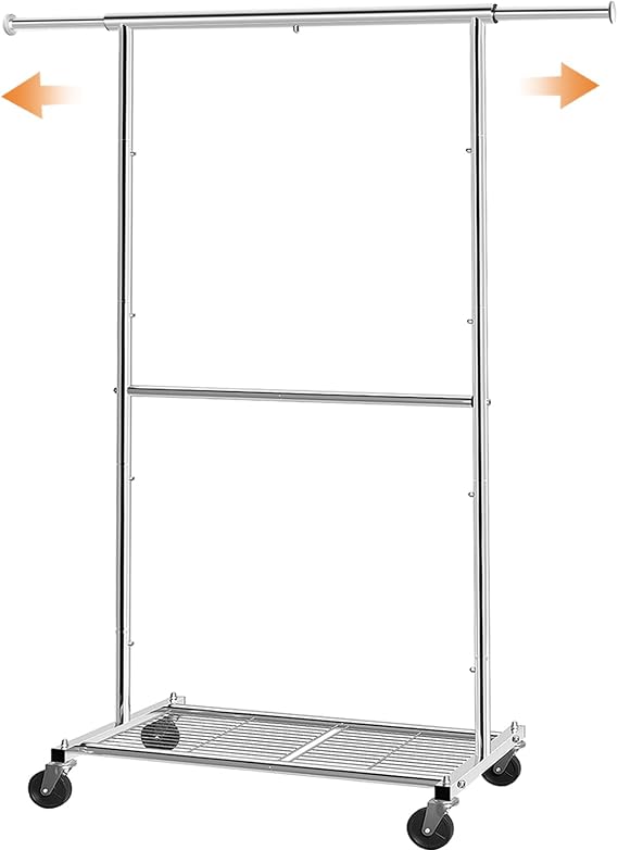 Simple Trending Clothing Garment Rack, Extendable Clothes Rack, Chrome | Double Rod Portable Closet, Mesh Storage Shelf, Waterproof and Rust-resistant, 360 Wheels, Bedroom, Laundry Room