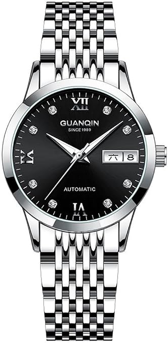 GUANQIN Vintage Men Women Couple Calendar Week Luminous Automatic Self-Wind Mechanical Wrist Watch Sapphire Business Waterproof Clock Lovers Stylish Stainless Steel Rhinestone Wristwatch