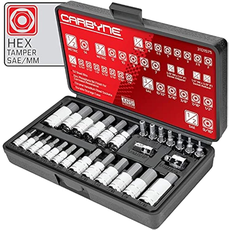 CARBYNE 28-Piece Tamper-Proof Hex Allen Bit Socket Set | Metric & SAE. Includes Metric 2mm - 14mm, SAE 564 in.- 916 in. S2 Steel Bits, Cr-V Sockets, Durable Case | 14, 38, 12 in. Drive