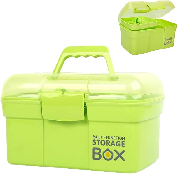 Storage Box with Removable Tray & Lid,Multipurpose Container Small Plastic Art Storage Box with Compartments,Craft Caddy for Sewing,Hobby,Medicine,Fishing,Toys,Stationery,Hair Accessories (Green)