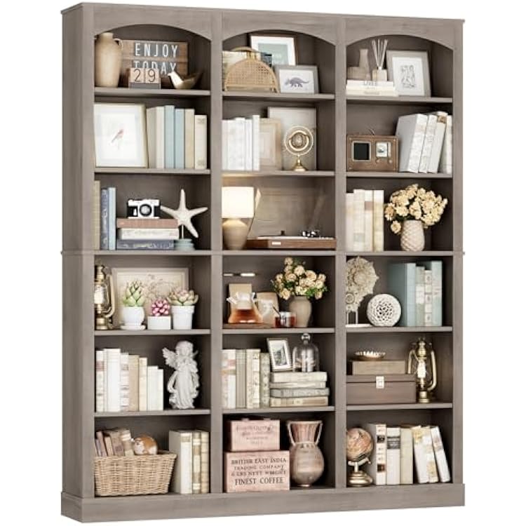 FACBOTALL 71 Triple Wide Bookshelf, 6 Tier Tall Bookshelf, Large Bookcase with Curved Baffle, 63.4 Wide Book Shelf with 18 Open Display Shelves for Living Room, Study, Gray
