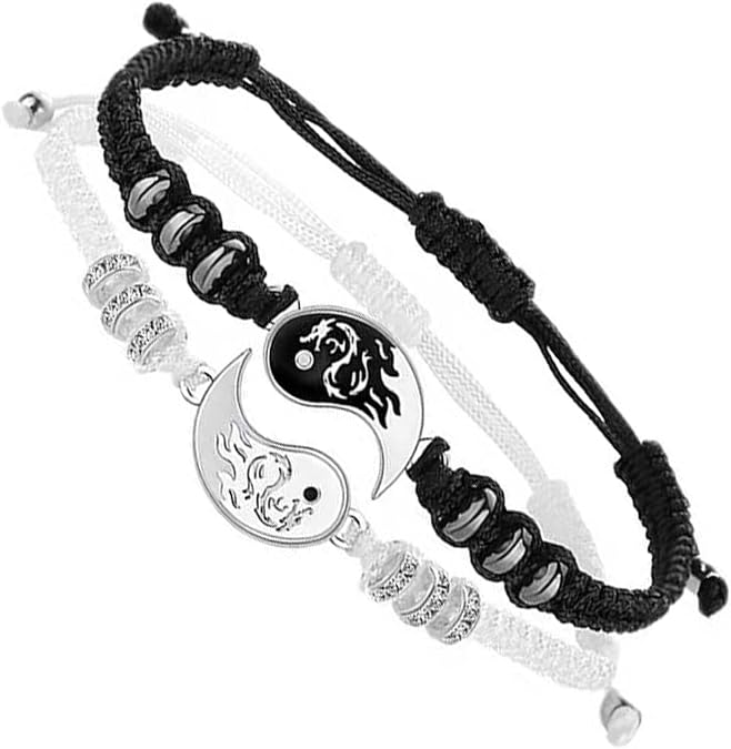 INENIMARTJ 2Pcs Matching Yin and Yang Bracelets,Best Friend Yin Yang Adjustable Cord Bracelets for Bff Friendship,Yin Yang Couple Bracelet (A)